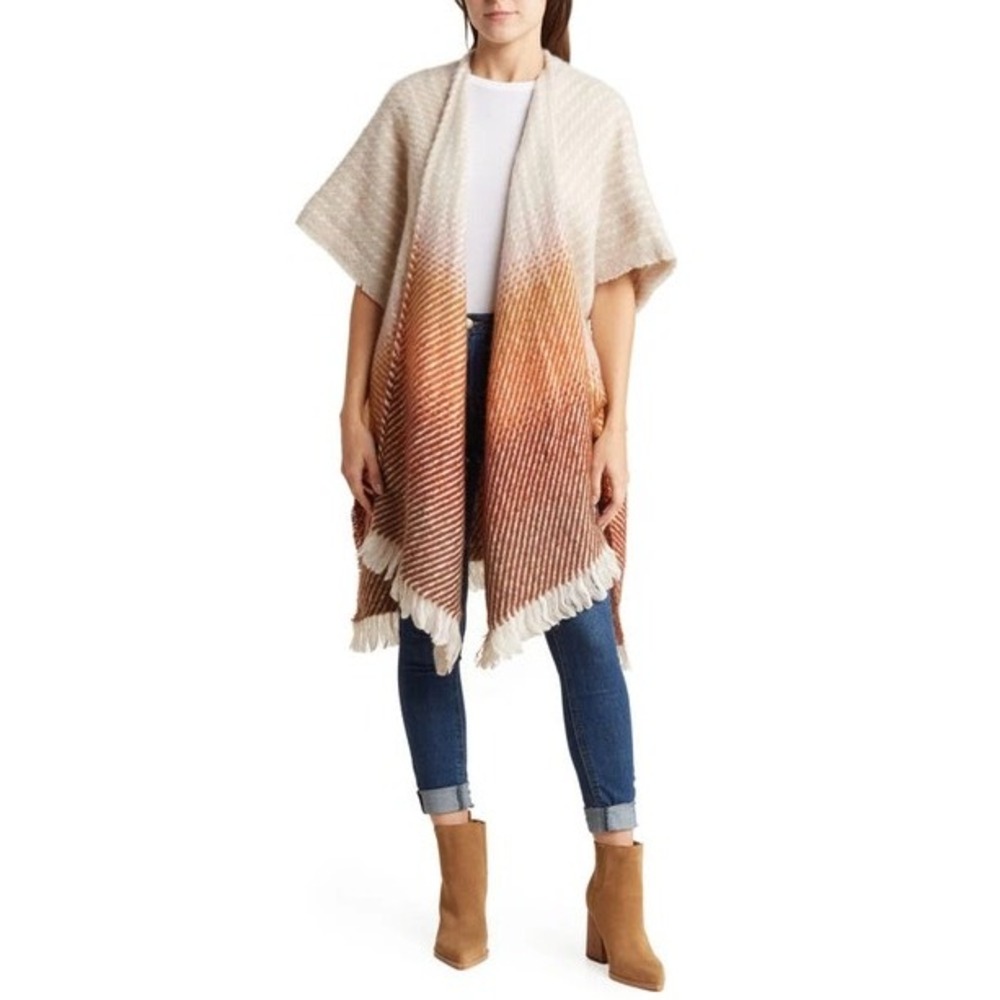 Vince‎ Camuto Ombre Fringe Poncho Wrap Cardigan Women One Size Neutral Tones